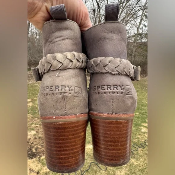 Sperry Leather Ankle Boots 8M Taupe Braided Strap Block Heel Chelsea Boho - Picture 9 of 16